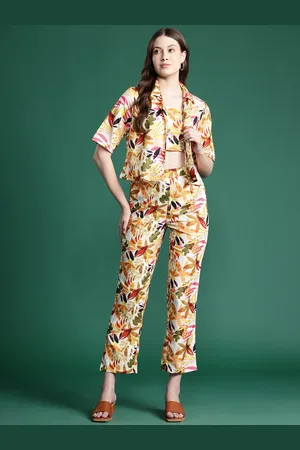 DressBerry Floral Print Crop Top With Trousers & Shirt