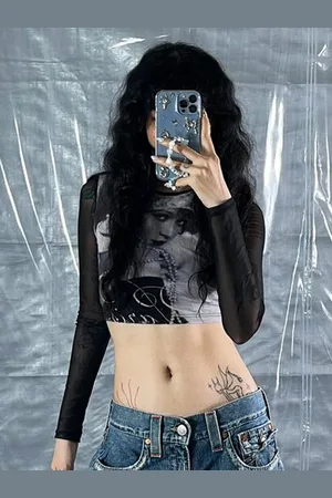 LULU & SKY Print Women Sheer Sleeved Crop Top