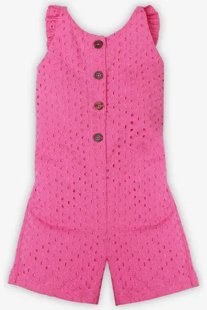 Ed-a-Mamma Girls Self Design Sleeveless Schiffli & Ruffles Detail Cotton Basic Jumpsuit