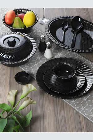 Aura Black 46 Pieces Printed Glossy Dishwasher and Microwave Safe Dinner Set