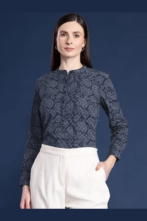 HANCOCK Ethnic Print Mandarin Collar Pure Cotton Shirt Style Top