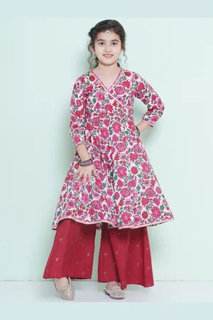Bhama Girls Floral Printed Angrakha Pure Cotton Anarkali Kurta With Palazzos