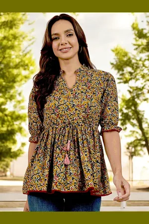 Azira Floral Printed Mandarin Collar Cotton Pleated A-Line Top
