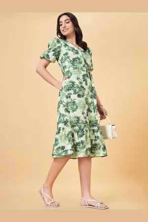 Pantaloons Tropical Print Puff Sleeve Cotton A-Line Dress