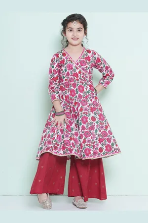 Bhama Girls Printed Angrakha Pure Cotton Anarkali Kurta With Palazzos