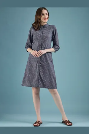 DressBerry Women Print Denim Mandarin Collar Three-Quarter Sleeves Knee Length Shirt Dress