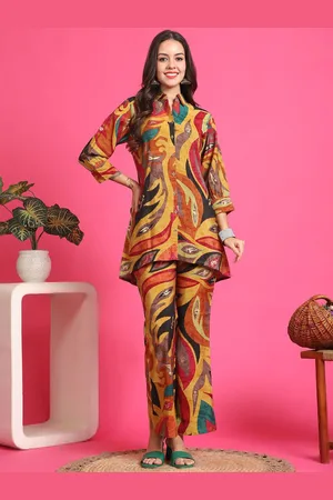 Claura Printed Shirt Collar Tunic & Trousers