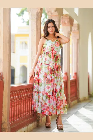 Ambraee Floral Printed Chiffon Tiered Empire Midi Dress