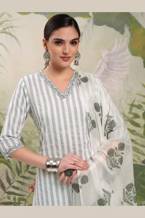 Vishudh Grey Striped V-Neck Pure Cotton Straight Kurta With Salwar & Dupatta