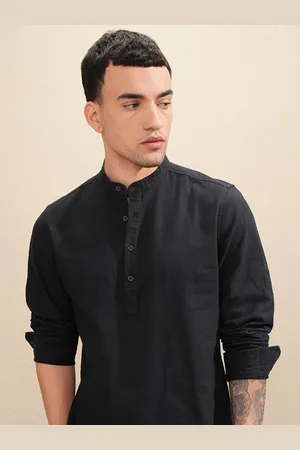 Highlander Men Solid Mandarin Collar Half Placket Roll-Up Sleeve Casual Shirt