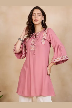 Anouk Pink Geometric Yoke Design Tie-Up Neck Thread Work A-Line Kurta
