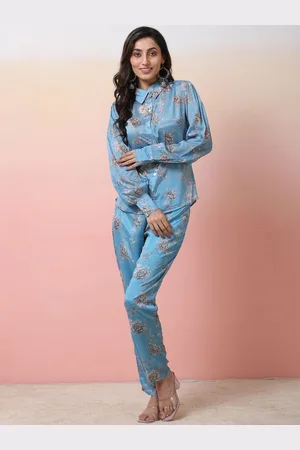 Sangria Cerulean Floral Printed Chinnon Shirt With Trousers