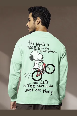 Bewakoof Green Graphic Printed Long Sleeves Cotton Oversized T-Shirt