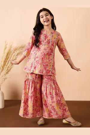 Stylo Bug Girls Printed Notch Neck Gotta Patti Pure Cotton Straight Kurti With Sharara