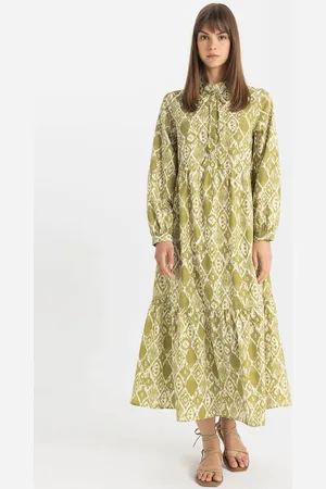 DeFacto Women Printed Cuffed Sleeves Cotton A-Line Midi Dress