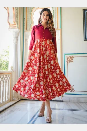 Kalini Women Floral Print Shirt Collar Fit and Flared Midi Dress