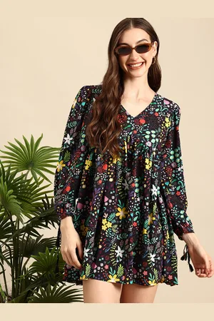 Mast & Harbour Floral Printed Puff Sleeves A-Line Mini Dress