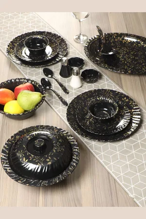 Aura 46 Pieces Printed Glossy Dishwasher and Microwave Safe Dinner Set