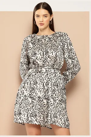 Chemistry Animal Print Puff Sleeves A-Line Dress with Belt