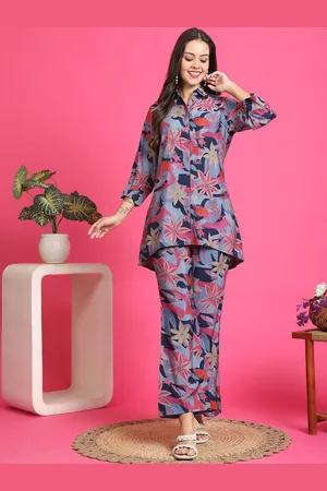 Claura Blue Printed Chanderi Silk Tunic & Trouser