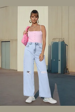 Flying Machine Women Wide Leg High-Rise Slash Knee Heavy Fade Jeans