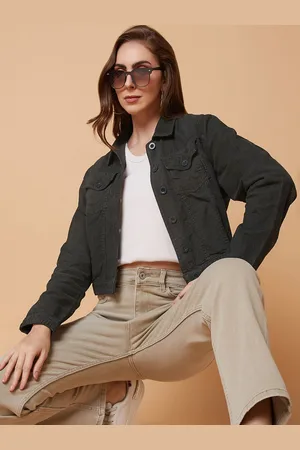 SHOWOFF Women Striped Corduroy Windcheater Longline Tailored Jacket with Patchwork