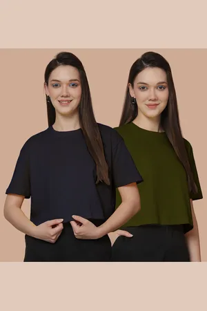 Friskers Women Pack Of 2 Solid Round Neck Cotton Oversized T-Shirt