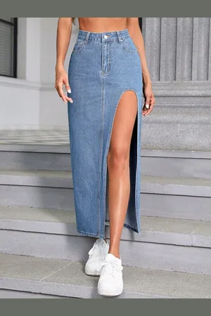 Aahwan Solid High Waist Split Thigh Denim Straight Maxi Skirts