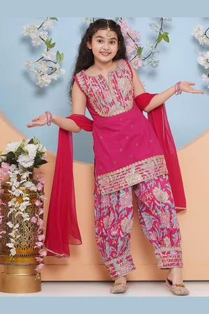 Bhama Girls Yoke Design Pure Cotton Straight Kurta With Salwar & Dupatta