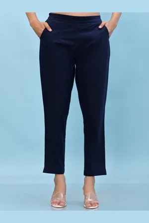 Juniper Women Navy Blue Solid Cotton Pants with Partially Elasticated Waistband & 2 Pocket