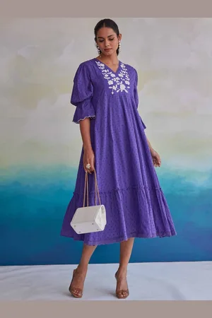 AUTUMN LANE Embroidered Puff Sleeves A-Line Midi Dress