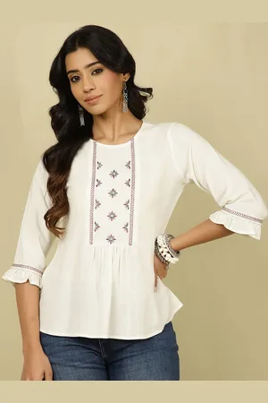 Jaipur Embellished Off-White Embroidered Gathered Top