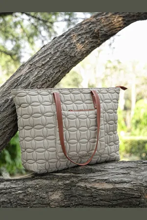 Anekaant Floral Textured Structured Tote Bag With Quilted Details