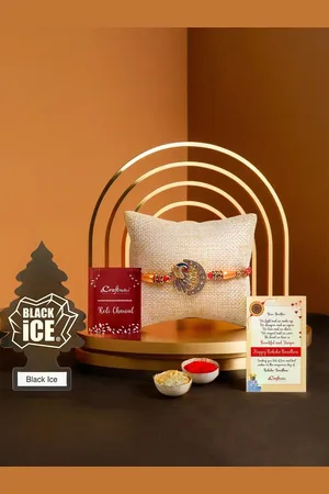 eCraftIndia Set Of 2 Pearl Beaded Rakhi With Black Ice Pack Air Freshener & Rholi Chawal