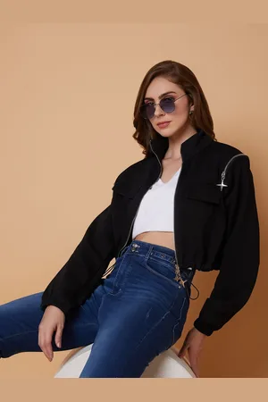 SHOWOFF Women Windcheater Crop Denim Jacket with Embroidered