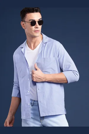 HANCOCK Men Cuban Collar Relaxed Fit Seersucker Pure Cotton Casual Shirt
