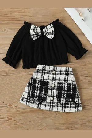 BAESD Girls Round Neck Top with Checked Skirt