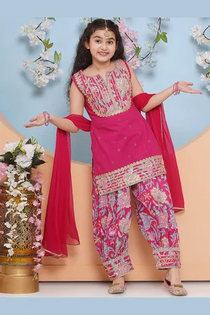 Bhama Girls Printed Gotta Patti Pure Cotton Straight Kurti With Salwar & Dupatta