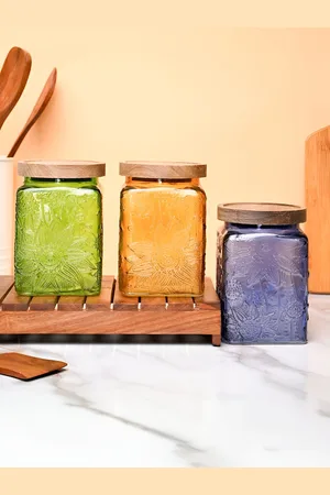 MARKET99 Green & Orange 3 Pieces Glass Jar Containers- 800 ml