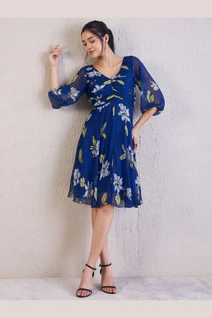 Antheaa Women Floral Print V-Neck Puff Sleeves Chiffon Knee Length Empire Dress