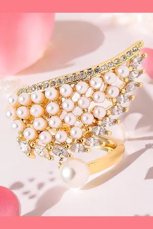 FÁBULA Gold-Plated Stones-Studded & Beaded Wing Shaped Ring