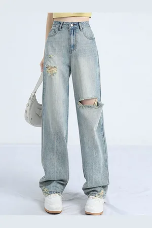 LULU & SKY Women Straight Fit High-Rise Mildly Distressed Ripped Heavy Fade Jeans