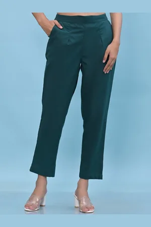 Juniper Women Green Cotton Pants with Partially Elasticated Waistband & 2 Side Pockets