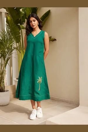 Ambraee Linen V-Neck Sleeveless A-Line Midi Casual Dress