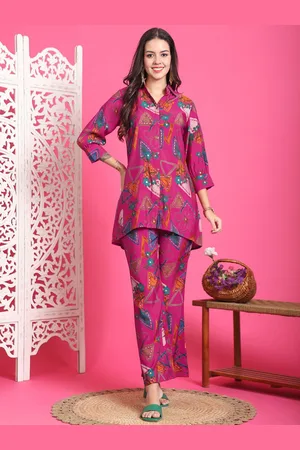 Claura Pink Printed Shirt Collar Chanderi Silk Tunic With Trousers