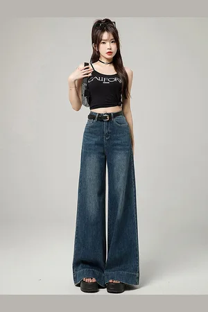 LULU & SKY Women Wide Leg High-Rise Low Distress Light Fade Jeans