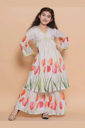 Bhama Girls Printed Empire Gotta Patti Pure Cotton Anarkali Kurta With Sharara