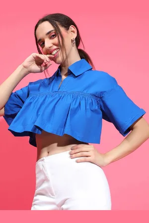 Oxolloxo Women Cotton Flared Sleeve Cotton Shirt Style Crop Top