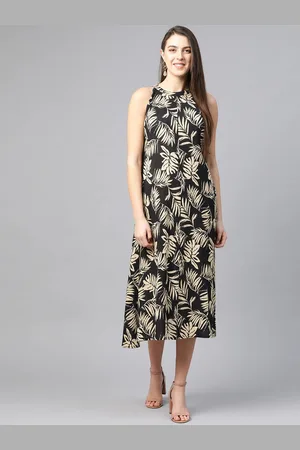 Kalini Women Tropical Printed Round Neck Sleeveless Crepe A-Line Midi Dress