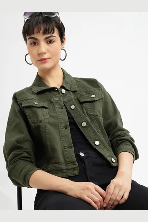 SHOWOFF Women Washed Windcheater Crop Denim Jacket with Patchwork